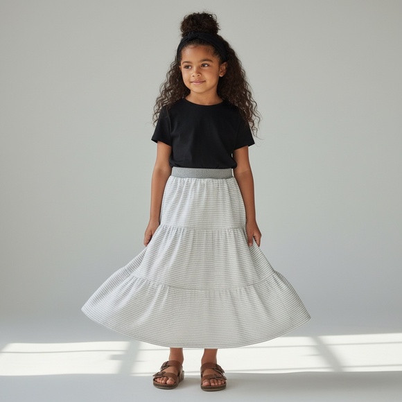 Mom and Pop's Kids Other - Girls Tiered Maxi Skirt in Light Gray Stripe